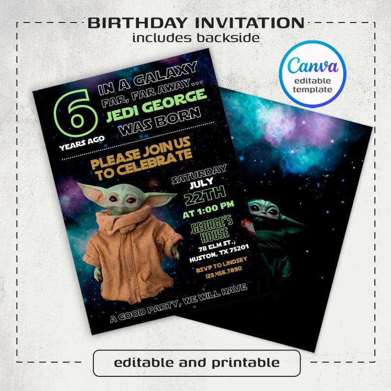May include: A birthday invitation featuring a Star Wars theme with a Baby Yoda character. The invitation includes the text "In a galaxy far, far away... Jedi George was born." The date is July 22nd at 1:00 PM. The invitation is editable and printable.