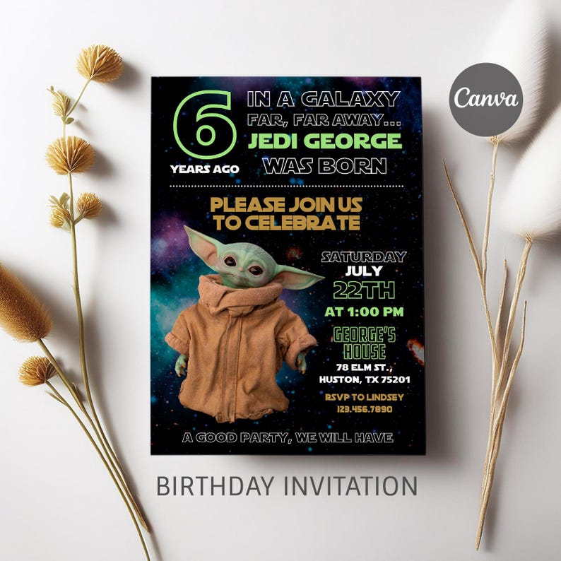 May include: A birthday invitation featuring a Star Wars theme. The invitation includes the text "In a galaxy far, far away... Jedi George was born." It also features an illustration of Grogu, the character from The Mandalorian.