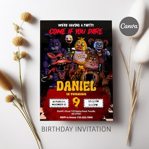 May include: A birthday invitation featuring cartoon characters. The invitation has the text "WE'RE HAVING A PARTY! COME IF YOU DARE" at the top. The invitation says "DANIEL IS TURNING 9" and includes the date, time, and RSVP information.