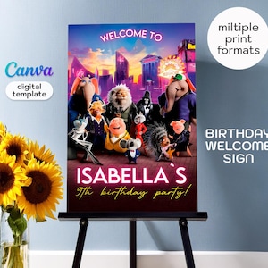 Può includere: Un colorato cartello di benvenuto per il compleanno con personaggi animati e il testo "WELCOME TO" e "ISABELLA'S 9th birthday party!". Il cartello è su un cavalletto nero, con le parole "BIRTHDAY WELCOME SIGN".
