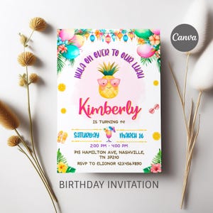 Aloha party invitation, Luau birthday, printable editable girl invite template, Pineapple invitation, Tropical Hawaii party