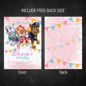 K&ouml;nnte beinhalten: Eine rosafarbene und wei&szlig;e Geburtstagseinladung mit einem Cartoon-Bild von drei Paw Patrol-Charakteren: Chase, Skye und Everest. Der Text auf der Einladung lautet: "Schlie&szlig;en Sie sich uns an zu Bonnies 4. Geburtstag".