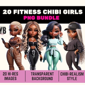 Può includere: Un set di illustrazioni digitali di 20 ragazze chibi a tema fitness in stile cartone animato. Le ragazze indossano diversi abiti sportivi e hanno diversi stili di capelli. Lo sfondo è trasparente.