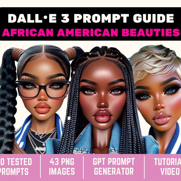 ChatGPT and Dall-E 3 prompt guide, 30+ AI prompts for Black women, 43 PNG images of African-American beauties, gpt generator