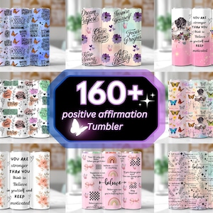 Pode incluir: Coleção de canecas de afirmação positiva (160+). Os designs incluem borboletas, padrões florais e citações inspiradoras como "Acredite". As canecas estão disponíveis em várias cores.