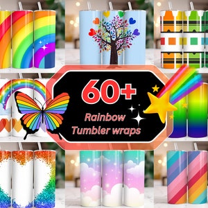 May include: 60+ Rainbow Tumbler Wraps. A variety of colorful designs featuring rainbows, butterflies, hearts, stars, clouds, and more. Perfect for adding a personal touch to your tumblers.
