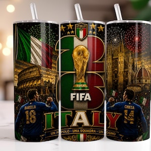 May include: A cylindrical tumbler with a straw featuring a graphic design of the Italian flag, the FIFA World Cup trophy, the Colosseum, and the Milan Cathedral. It includes images of football players Barella and Chiesa, with the text ITALY.