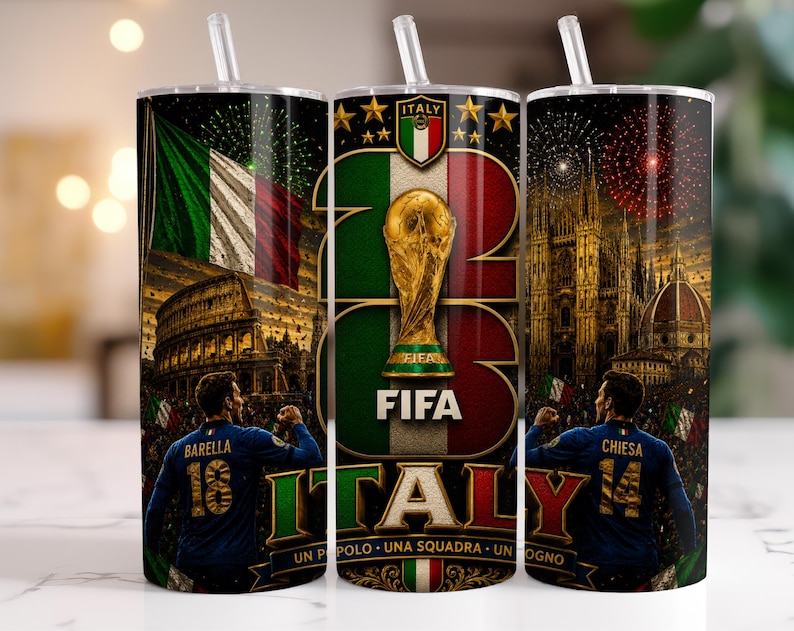 May include: A cylindrical tumbler with a straw featuring a graphic design of the Italian flag, the FIFA World Cup trophy, the Colosseum, and the Milan Cathedral. It includes images of football players Barella and Chiesa, with the text ITALY.
