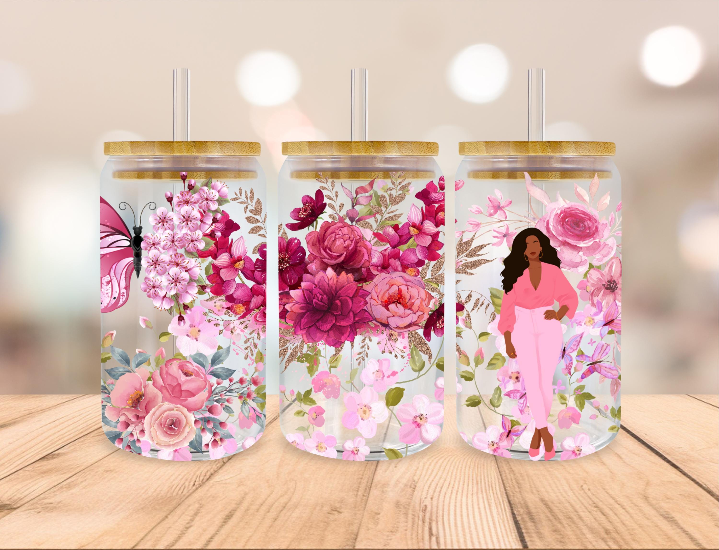 Boho Flowers 16oz Libbey Glass Sublimation Design, Floral Glass Can ...