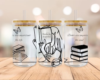 Girl With Books 16oz Wrap PNG, Floral Book Lover Frosted Glass Sublimation Design, Bookish Reading Libbey Cup PNG, Reader Can Tumbler PNG