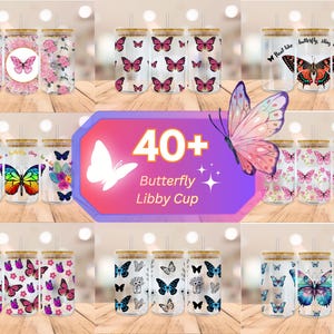 May include: Set of 40+ clear glass tumblers with butterfly designs. The tumblers have bamboo lids and straws. The designs include butterflies with floral patterns, butterflies with wings that say "I love butterflies", and butterflies with wings that say "butterfly sting like a bee".