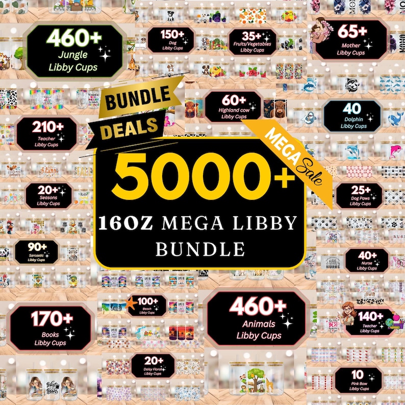 Puede incluir: Una imagen promocional que muestra un gran paquete de Libby Cups. La imagen destaca un "5000+ 16oz Mega Libby Bundle" con varias tazas tem&aacute;ticas, incluyendo "Jungle", "Teacher", "Animals", y m&aacute;s. La imagen incluye texto como "Bundle Deals" y "Mega Sale".