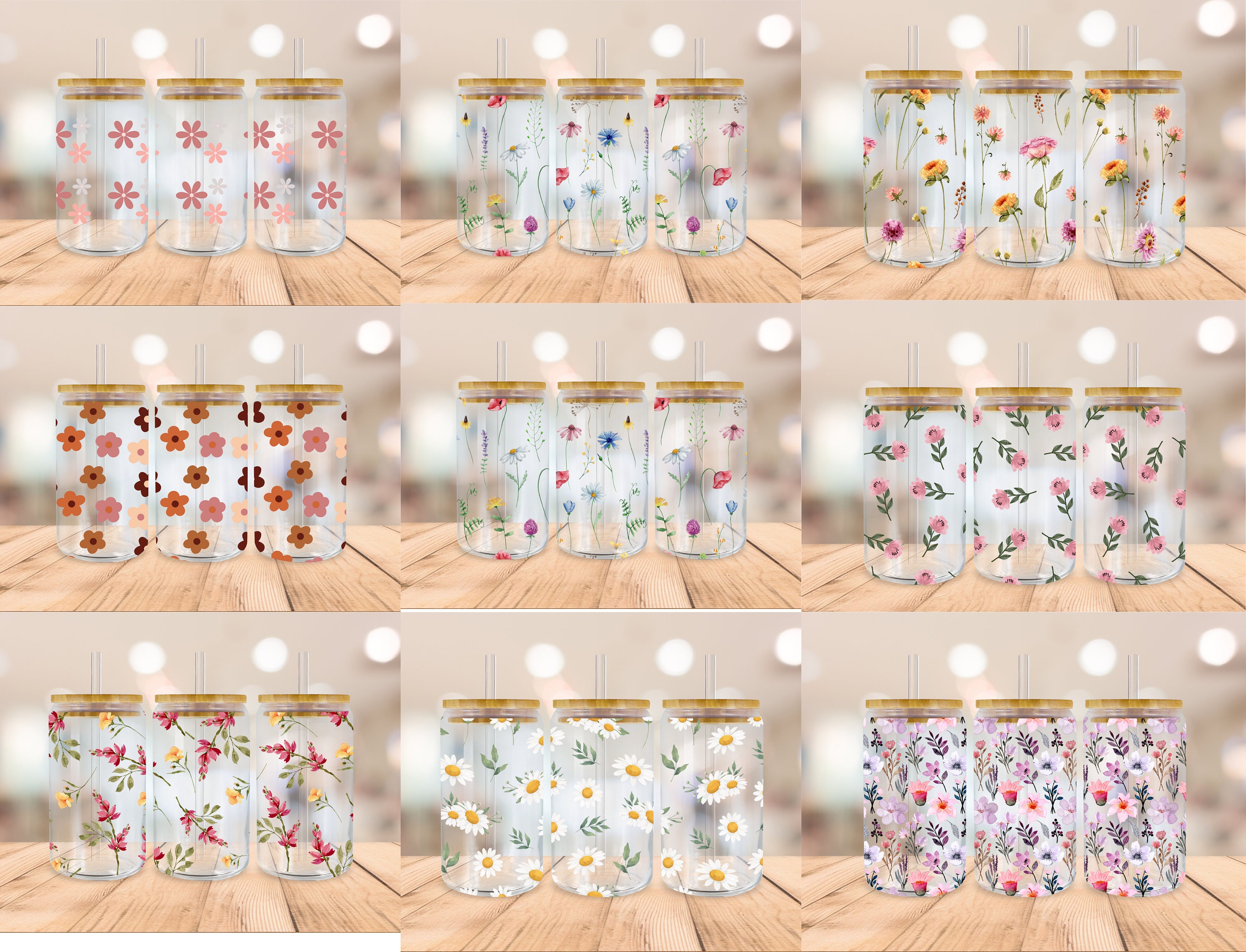 Flower Libbey Glass Wrap Bundle, 16oz Libbey Glass Can Tumbler ...