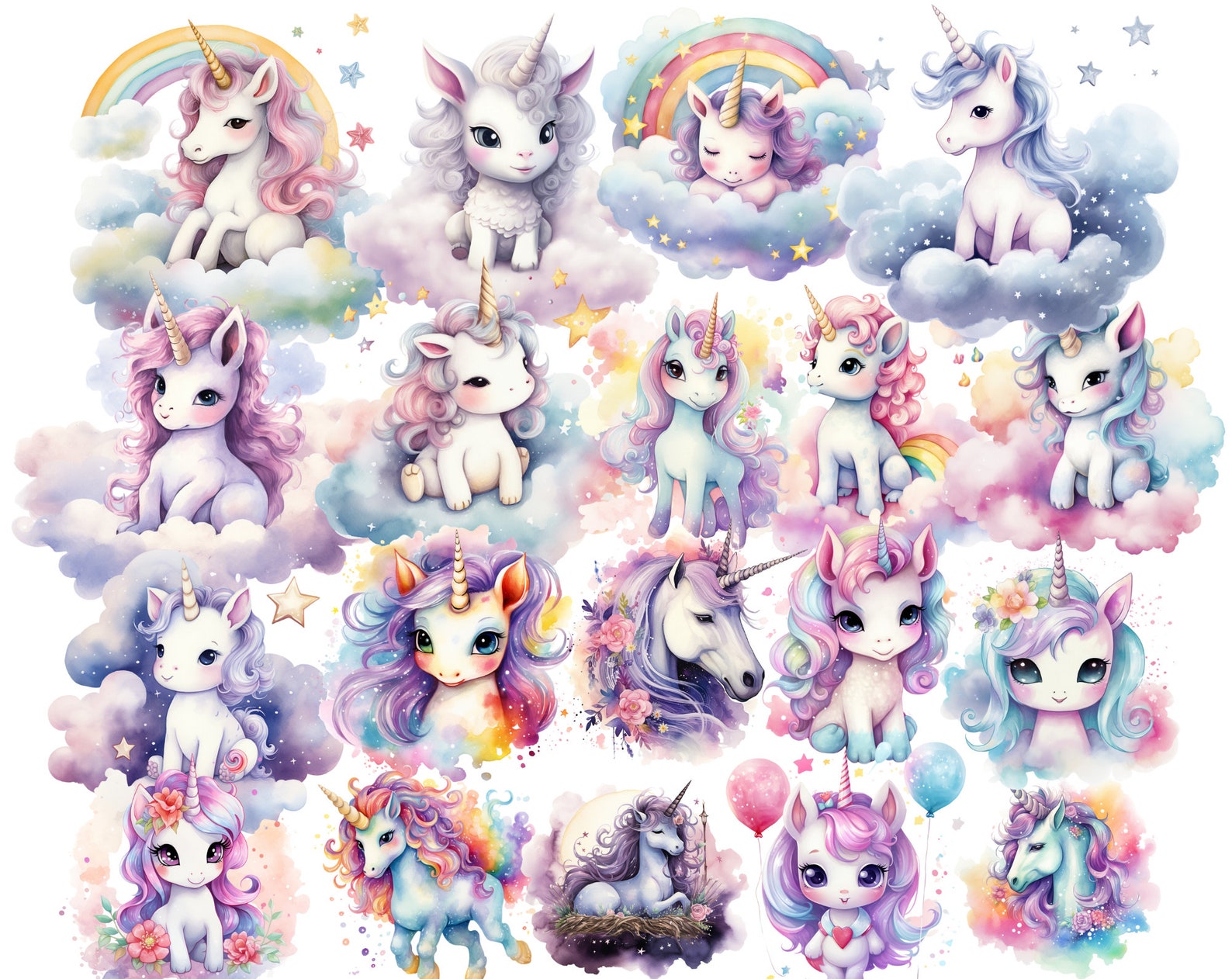 80+ Watercolor Unicorn Clipart Bundle, Commercial Use, Watercolor Cute ...