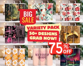 May include: A collection of insulated tumblers with various designs, including floral patterns, a forest scene, a video game controller, and inspirational quotes. The image also includes text that says "BIG SALE", "VARIETY PACK", and "75% OFF".
