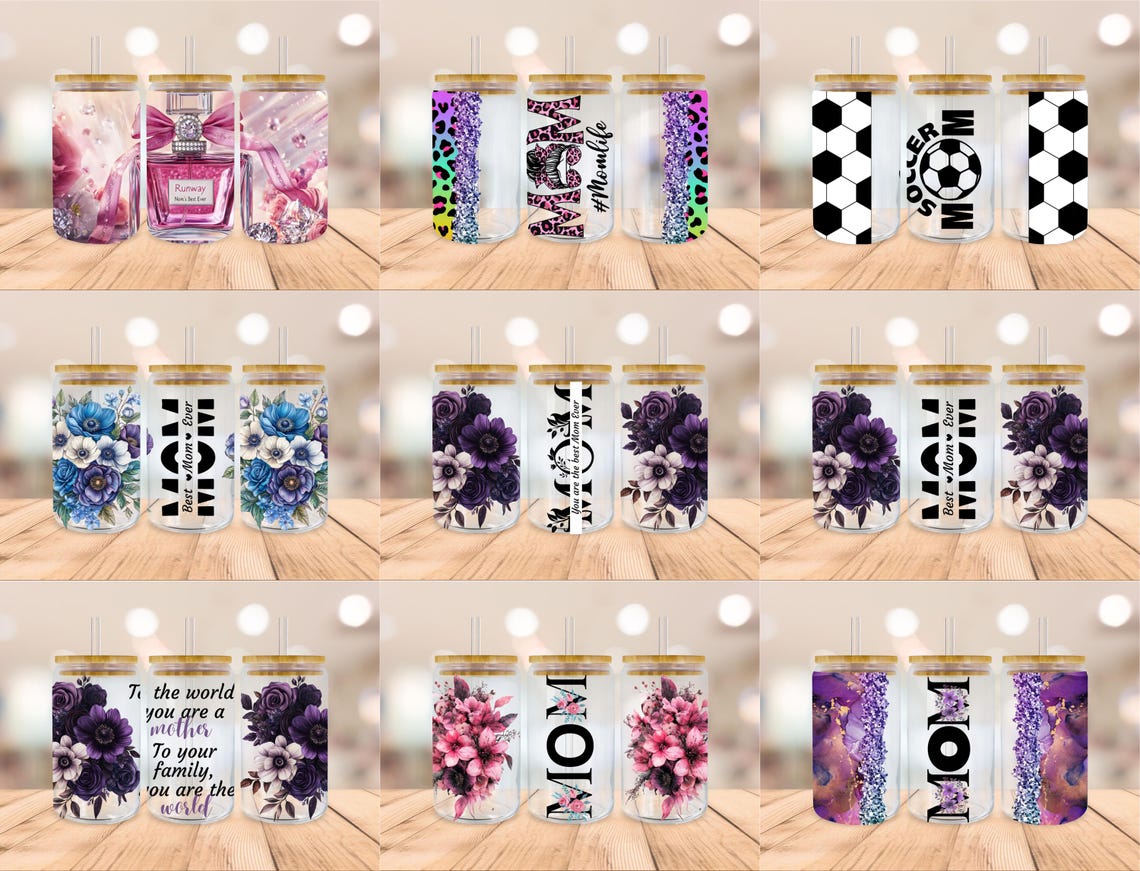 Mom Glass Can SVG Bundle, Mom Life Flower Libbey Glass Wrap PNG, Mother ...