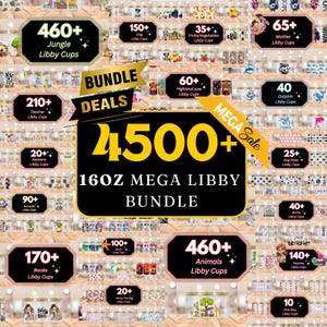 Könnte beinhalten: Ein Werbebild, das ein großes Bundle von 16oz Libby Cups zeigt. Das Bild zeigt verschiedene Themen-Cup-Designs, darunter Dschungel, Hund, Früchte, Gemüse, Mutter, Lehrer, Jahreszeiten, Hochlandkuh, Delfin, Hundepfoten, Krankenschwester, Bücher, Tiere und rosa Schleife. Der Text lautet "BUNDLE DEALS" und "MEGA Sale".