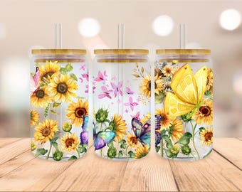 Sunflower 16 Oz Libbey Glass Can Wrap PNG, Sunflower Libbey Glass Wrap, Sunflower Butterfly Glass Can Sublimation Wrap, Digital Download
