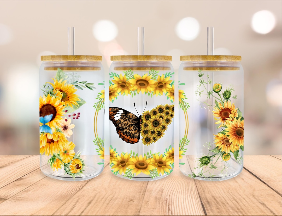 Sunflower 16 Oz Libbey Glass Can Wrap PNG, Girl Sunflower Libbey Glass ...