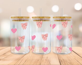 Pink Bow Libbey Glass Png, Ribbon Beer Glass Can svg, Mini Bows, Coquette 16oz Libbey Glass Can, Cutfile, Svg Dxf Png Files Digital Download