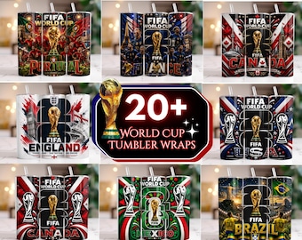 Pode incluir: Uma coleção de copos cilíndricos com gráficos da Copa do Mundo da FIFA, incluindo temas de seleções nacionais para Portugal, França, Canadá, Inglaterra, EUA, México e Brasil, com o texto 20+ WORLD CUP TUMBLER WRAPS exibido centralmente.