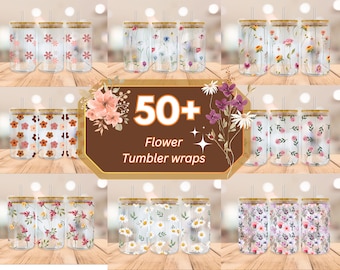 Flower Libbey Glass Wrap Bundle, 16oz Libbey Glass Can Tumbler Sublimation Design, Wild Flowers, Alcohol Ink Floral Wrap, Digital Download
