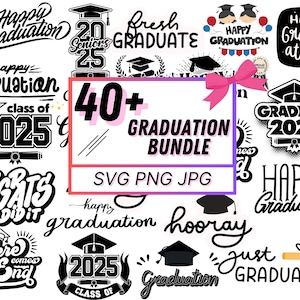 Afstuderen SVG-bundel, afstudeerpet, 40 png-graduatiecertificaat diploma, afstuderen middelpunt, afstudeerklas van 2025, commercieel