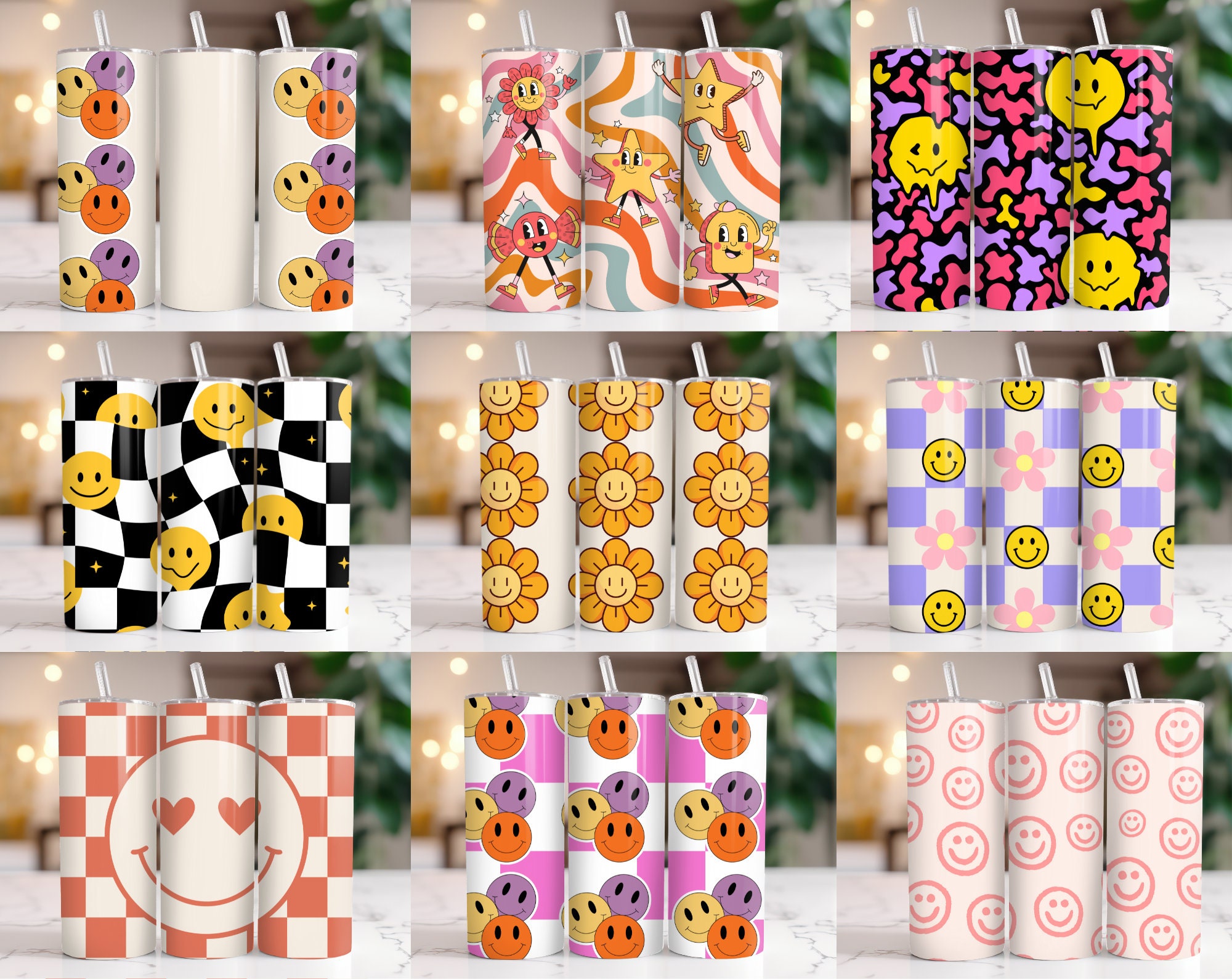 50+ Retro Tumbler Wrap Bundle, Retro Daisy Smile Face, 20oz Skinny ...