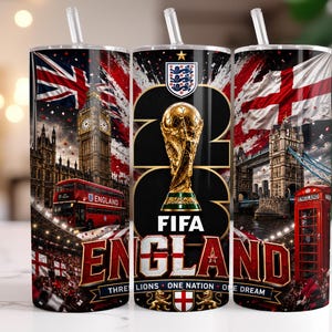 May include: A cylindrical tumbler with a clear straw featuring a graphic design of the FIFA World Cup trophy, the England national football team crest, Big Ben, Tower Bridge, a red double-decker bus, a red phone booth, and the text ENGLAND.