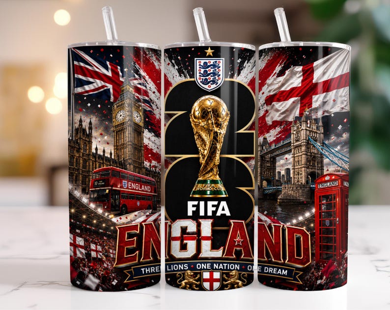 May include: A cylindrical tumbler with a clear straw featuring a graphic design of the FIFA World Cup trophy, the England national football team crest, Big Ben, Tower Bridge, a red double-decker bus, a red phone booth, and the text ENGLAND.