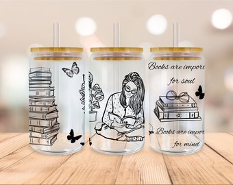 16 Oz Books Libbey Glass Wrap, Book With Girl Can Wrap Png Book Lover Glass Libbey Wrap Frosted Glass Sublimation Design Digital download