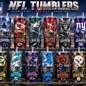 May include: A collection of twelve cylindrical stainless steel tumblers with lids and straws, each featuring a unique NFL team logo, helmet graphic, and team name. The tumblers are arranged in two rows against a stadium background with text.