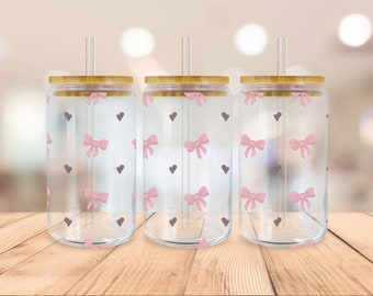 Pink Bow Libbey Glass Png, Ribbon Beer Glass Can svg, Mini Bows, Coquette 16oz Libbey Glass Can, Cutfile, Svg Dxf Png Files Digital Download