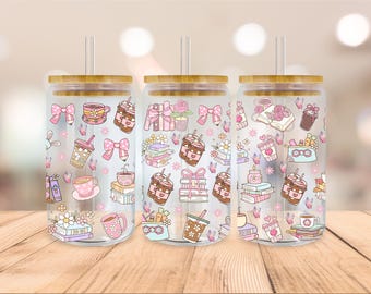 16ozBooks Libbey Glass Wrap, Coffee Libbey Glass Wrap, Book With Flowers 16oz Libbey can Wrap Png, Retro Coffee Wrap Png, Digital Download