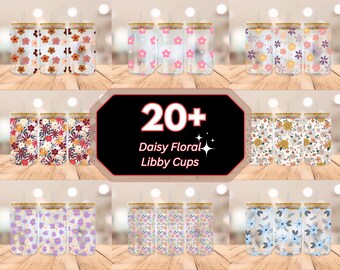 20+ Daisy Flower Libbey Glass Bundle,16oz Flowers Libbey SVG, Daisy Libbey Wrap, Spring Libbey Svg, Boho Daisy Glass Can, Cricut Silhouette