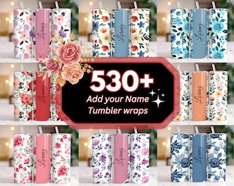 Puede incluir: Un collage de nueve diseños diferentes para envoltorios de vasos personalizados. Cada diseño presenta un patrón floral en varios colores, incluidos el rosa, el azul y el verde. El texto "Lorenz" está impreso en cada envoltorio. El texto "530+ Agrega tu nombre Envoltorios de vasos" se muestra en el centro de la imagen.