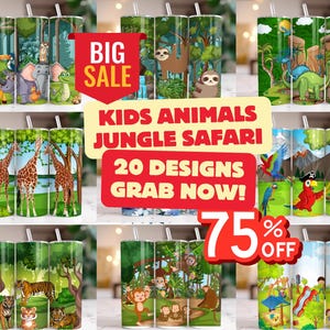 Kids Tumbler Wraps, SAFARI Life Tumbler Cute Jungle Animal Smile Gift for Kids, Cartoon Tumbler Wrap, 20oz animal tumbler sublimation Design