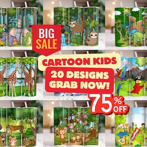 Lot d'emballages de gobelet dessin animé 20 oz, gobelet enfant PNG, dessins de gobelet dessin animé, dessins de sublimation dessin animé pour enfants 20 oz, téléchargement numérique