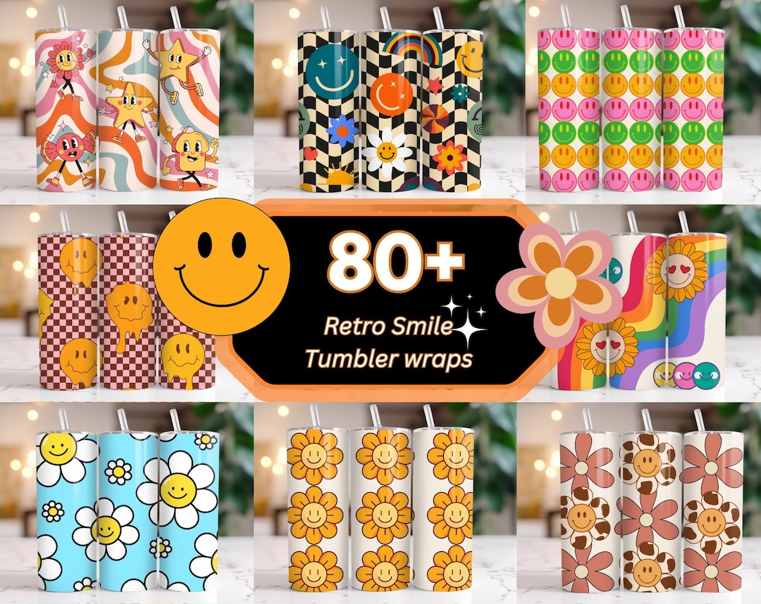 50+ Retro Tumbler Wrap Bundle, Retro Daisy Smile Face, 20oz Skinny ...