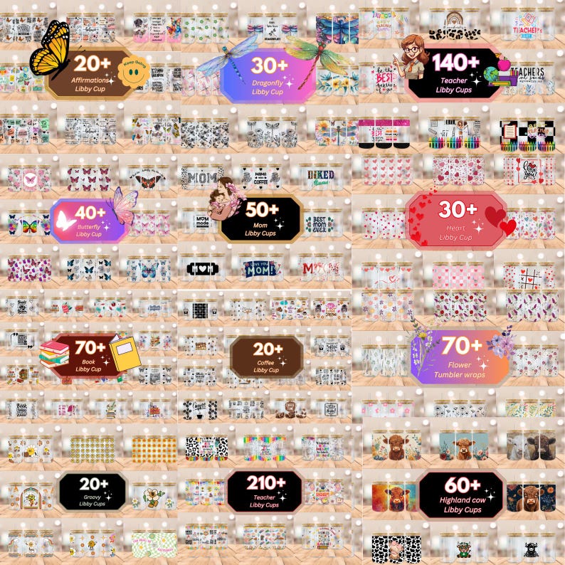 Puede incluir: Una colecci&oacute;n de varios vasos Libby con diferentes dise&ntilde;os, incluyendo mariposas, lib&eacute;lulas, corazones y patrones florales. Algunas tazas presentan texto como "Mam&aacute;", "Maestra" y "Mejor Mam&aacute; de la Historia". La imagen tambi&eacute;n muestra el n&uacute;mero de tazas disponibles.