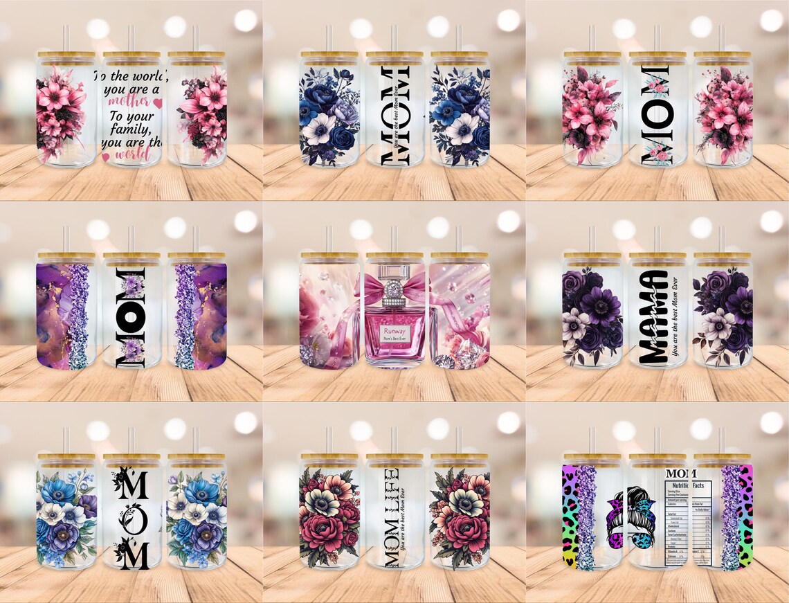 Mom Glass Can SVG Bundle, Mom Life Flower Libbey Glass Wrap PNG, Mother ...