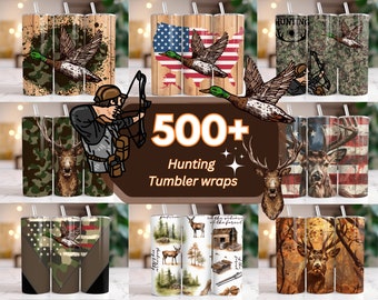 May include: A collection of 500+ hunting tumbler wraps featuring various designs, including camouflage, American flags, and deer. The wraps are designed to be applied to tumblers, adding a personalized touch.