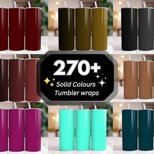 Puede incluir: Un collage de más de 270 envoltorios de vaso de color sólido. Los envoltorios se muestran en tres vasos diferentes en cada color. Los colores incluyen burdeos, marrón, negro, beige, azul verdoso y turquesa.