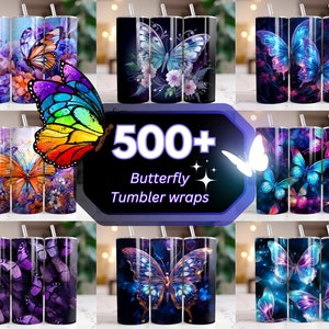 Plus de 500 gobelets papillon papier peint 20 oz gobelet mince sublimation néon lumineux holographique gobelet papillon violet aquarelle PNG