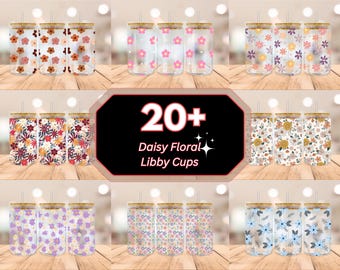 20+ Daisy Flower Libbey Glass Bundle,16oz Flowers Libbey SVG, Daisy Libbey Wrap, Spring Libbey Svg, Boho Daisy Glass Can, Cricut Silhouette
