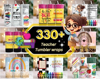 Pode incluir: Uma colagem de envoltórios coloridos para copos com tema de professor. Os envoltórios apresentam vários designs, incluindo arco-íris, maçãs, livros, lápis e as palavras "Melhor Professor de Todos os Tempos".