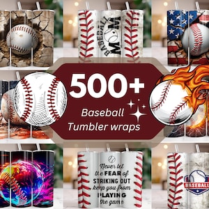 May include: A collection of 500+ baseball-themed tumbler wraps. The wraps feature various designs, including a baseball with flames, a baseball with a cracked background, a baseball with a red, white, and blue American flag background, and a baseball with a red and white striped background. The text "Never let the fear of striking out keep you from playing the game" is featured on one of the wraps.