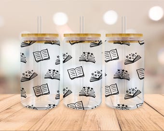 16 Oz Books Libbey Glass Wrap, Book With Girl Can Wrap Png Book Lover Glass Libbey Wrap Frosted Glass Sublimation Design Digital download