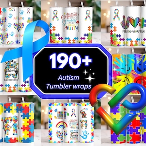 Puede incluir: Una colección de más de 190 envoltorios de vaso coloridos con piezas de rompecabezas, huellas de manos y el texto "El autismo no es una discapacidad, es una capacidad diferente".