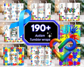 190+ Autism Tumbler, 20oz Skinny Tumbler Wrap Autism Awareness accept understand love PNG, Embrace Neurodiversity, Heart Rainbow Puzzle Dad